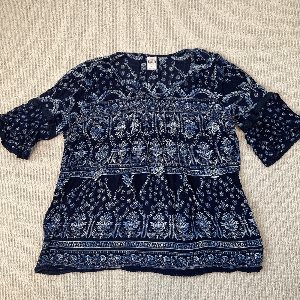 Bila Women's Small  BoHo Peasant Pleated 3/4 Bell Sleeve Blouse Made In India